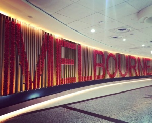 A photo of the Melbourne sign in the departures hall of Melbourne Airport. 